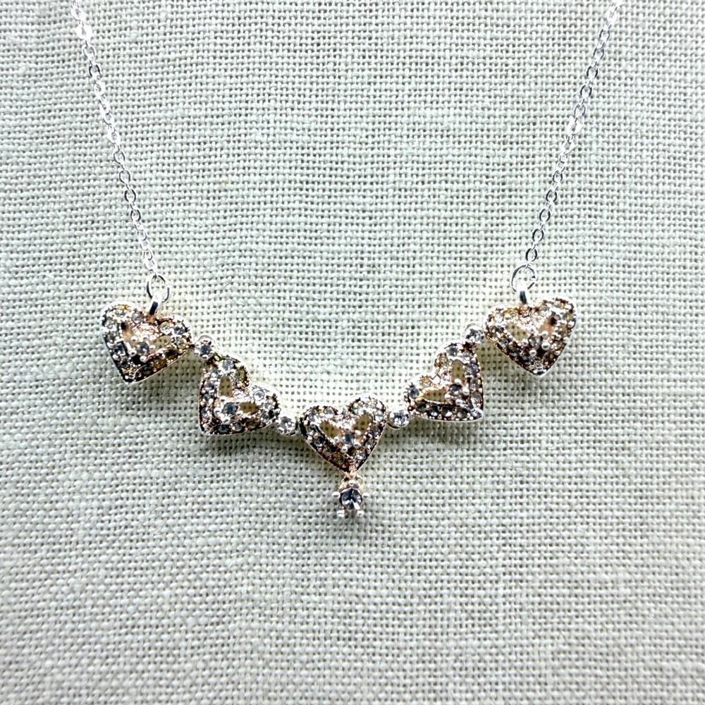 Vintage Silver Heart Pendant Necklace with Champagne Rhinestone Accent